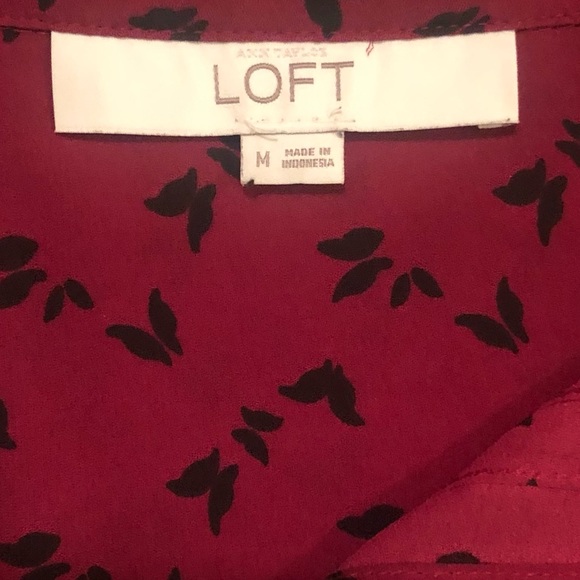 LOFT Wine colored button down shirt with black butterfly pattern, Medium - Picture 5 of 6